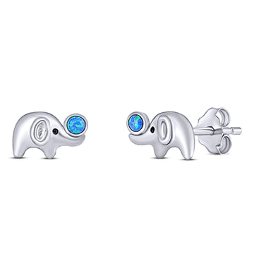 Elephant Designer Finish Animal Stud Earring Created Blue Opal Solid 925 Sterling Silver (6.4mm)